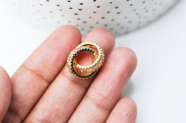 EP-Pendentif anneaux enlacés laiton doré cristal zircon coloré 15mm, x1 (G4745)