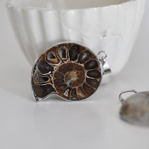 EP Pendentif argenté Coquillage naturel marron fossile, pendentif pierre, pendentif argenté, coquillage naturel, coquillage bijou,argenté, 45mm