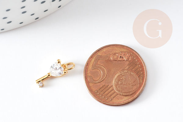 EP-Pendentif breloque clef laiton doré et zircon 10mm, x1 (G3834)