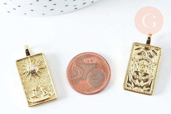 EP Pendentif carte de tarot de Marseille La Lune en laiton zircon 30mm x1 G6423
