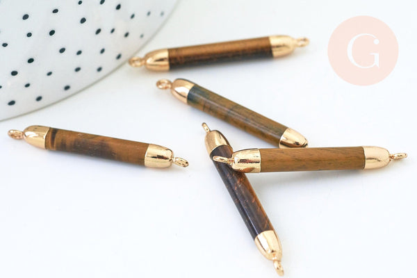 EP-Pendentif connecteur tube oeil de tigre doré 45mm, x1 G5508