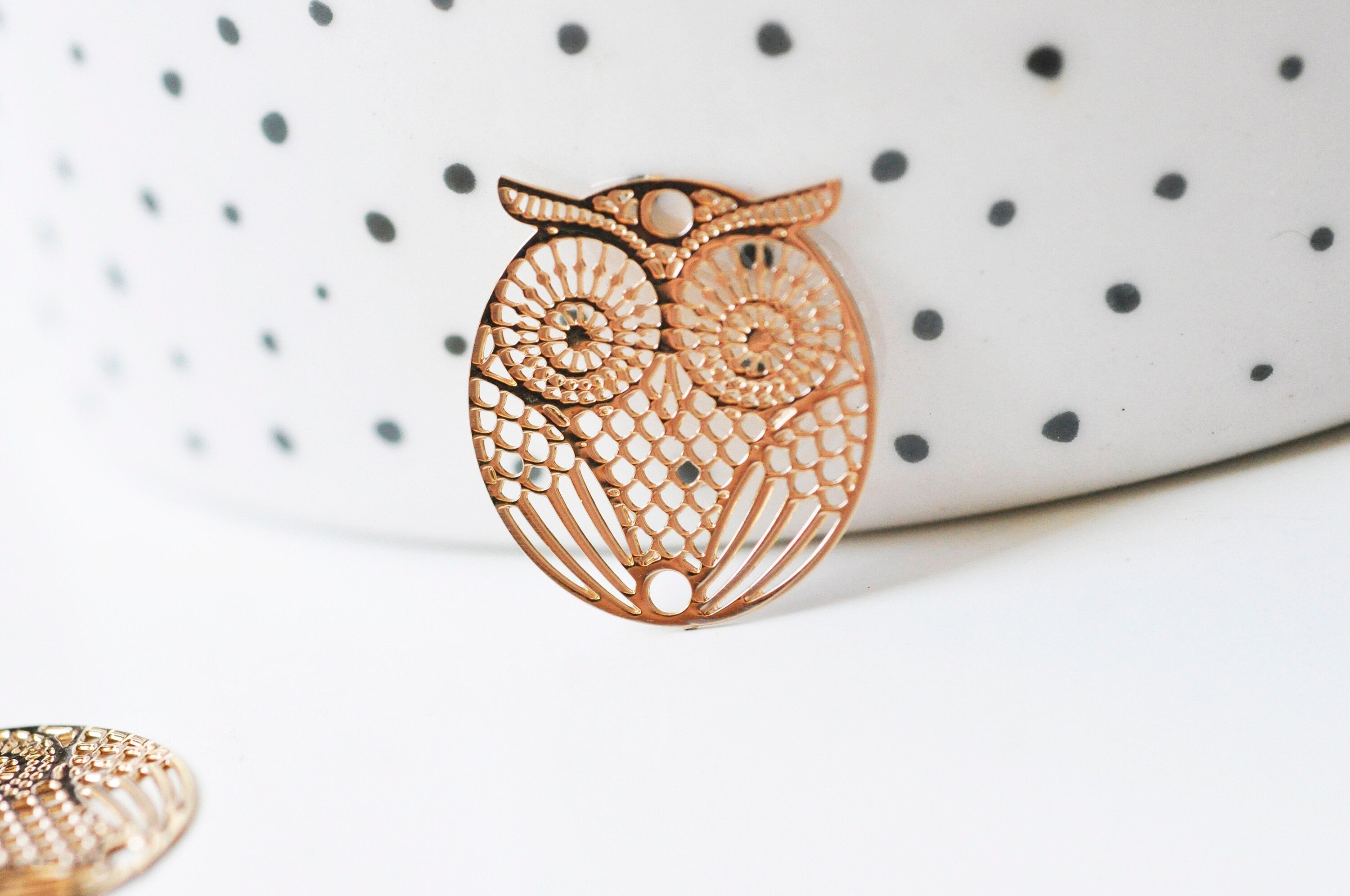 EP-Pendentif estampe filigrane chouette hibou laiton or rose 18mm, x 2, G4118