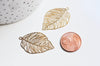 EP-Pendentif estampe filigrane feuille laiton doré 38x23mm, x2 G3691