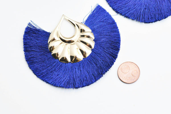 EP Pendentif large pompon fil bleu support fer doré 85-92mm, x 2 (G4535)