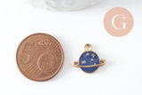 EP-Pendentif médaille rond planète étoiles émail bleu zamac doré 13mm, x1 (G5919)