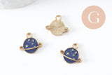 EP-Pendentif médaille rond planète étoiles émail bleu zamac doré 13mm, x1 (G5919)