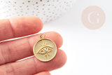 Pendentif rond oeil Egyptien laiton doré 18K texturé 22mm, x1 (G4853)
