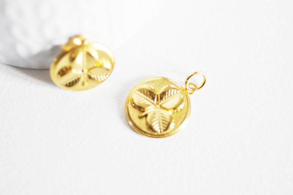 EP-Pendentif médaille ronde trèfle acier inoxydable 304 doré 23mm, x1 -G0815