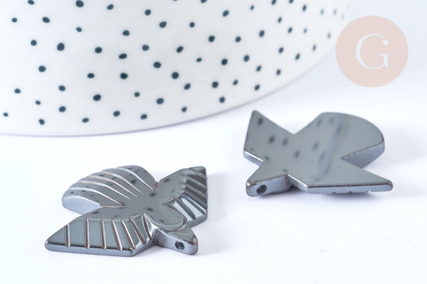 EP-Pendentif oiseau hématite de synthèse gris 39mm, pendentif , x1 G7969