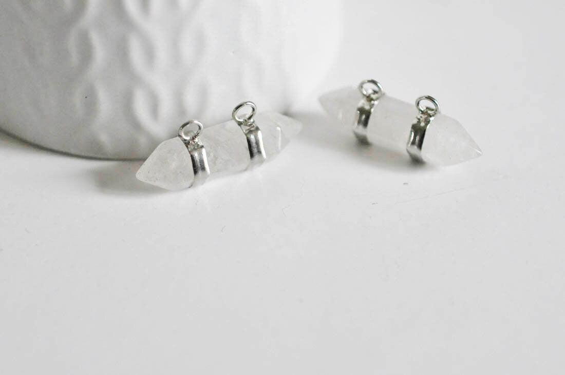 EP Pendentif pointe cristal argent double, pendentif pierre, support argenté, création bijoux, pierre naturelle, 32mm-G2303