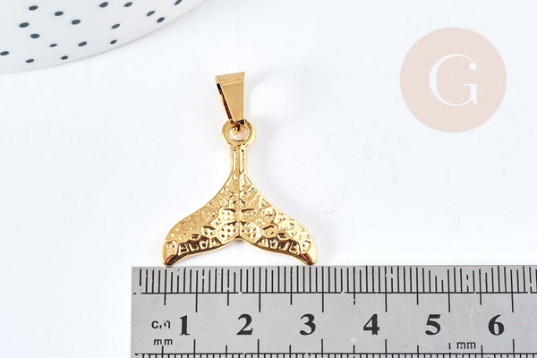 EP-Pendentif queue de sirène acier doré texturé 304 inoxydable 26mm, x1 (G8621)