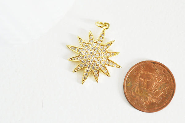 EP-Pendentif soleil laiton doré 18k zircon, pendentif en cristal pour création bijoux porte bonheur pour femme en zircon,27mm, x1 G5269