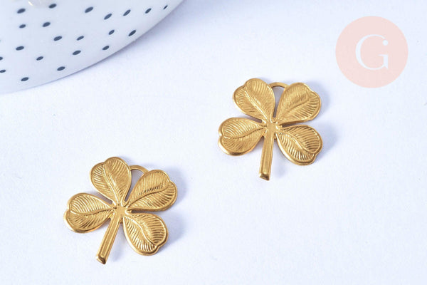 EP Pendentif trèfle 4 feuilles laiton brut 22mm, x2 (G6444)