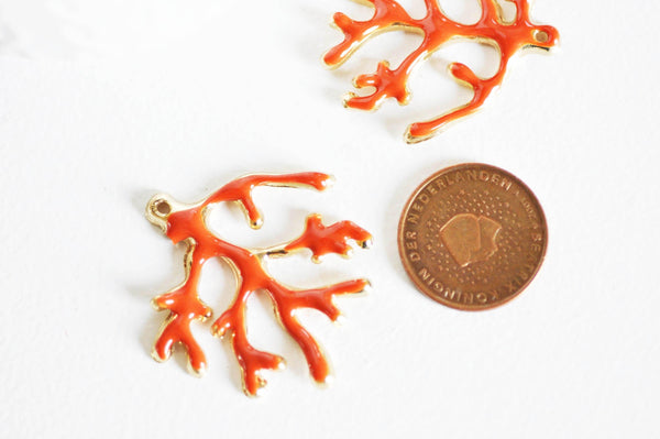 EP Pendentifs doré corail émail orange,pendentif coquillage, laiton doré, pendentif corail,création bijoux,35mm, x1-G1569