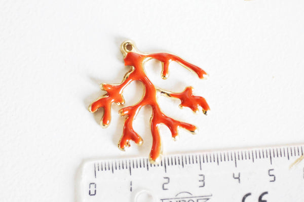 EP Pendentifs doré corail émail orange,pendentif coquillage, laiton doré, pendentif corail,création bijoux,35mm, x1-G1569