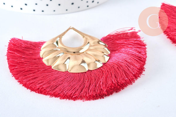 EP Pendentifs larges pompons fil fuchsia support doré 85-92mm x2 ( G6837)