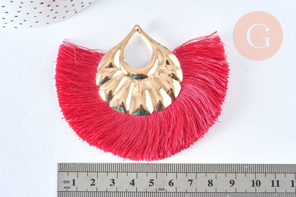 EP Pendentifs larges pompons fil fuchsia support doré 85-92mm x2 ( G6837)
