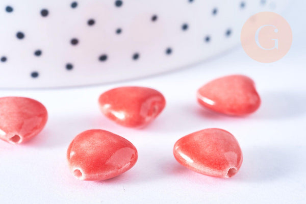EP Perle coeur porcelaine rouge, perle céramique, fabrication bijoux amour et amitié, 12mm, x5 G3494