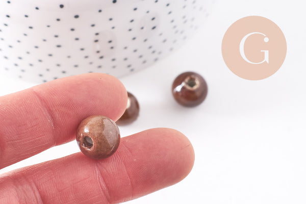 EP-Perle porcelaine marron, perle ronde,perle céramique, création bijoux,perle marron, 1.5cm, x5 G2972
