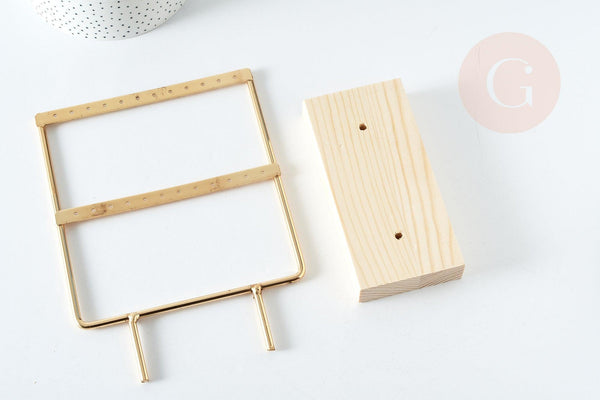 EP Présentoir à bijoux boucles d'oreilles laiton doré socle bois 20.7cm 2 rangées, x1 G8377