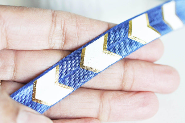 EP Ruban élastique motif chevron bleu or EFJF,fabrication bijoux, bracelet EVJF,ruban mariage,scrapbooking,16mm,1 mètre-G1572