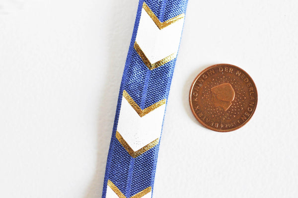 EP Ruban élastique motif chevron bleu or EFJF,fabrication bijoux, bracelet EVJF,ruban mariage,scrapbooking,16mm,1 mètre-G1572