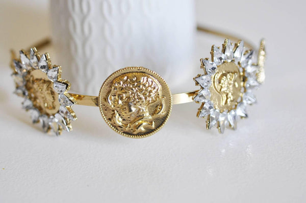 EP-Serre-tête cheveux médaille fer doré strass 120mm, x1 (G0415)