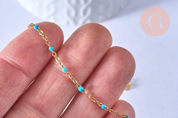 EP-chaine de cheville acier doré 14k résine bleu clair chaine dorée 1.5-2mm/23cm, x1 (G3660)