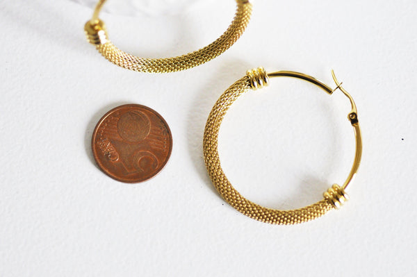 EP créoles maille acier doré, bijoux doré, création bijoux, oreille percée,sans nickel, la paire, boucles acier, 44.5mm-G72