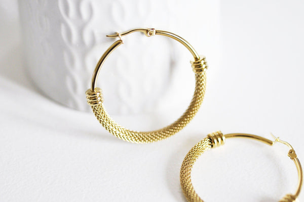 EP créoles maille acier doré, bijoux doré, création bijoux, oreille percée,sans nickel, la paire, boucles acier, 44.5mm-G72