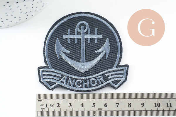 Ecusson brodé à repasser ancre marine 79mm customisation vêtement, écusson thermocollant,patch écusson brodé, x1 G9768