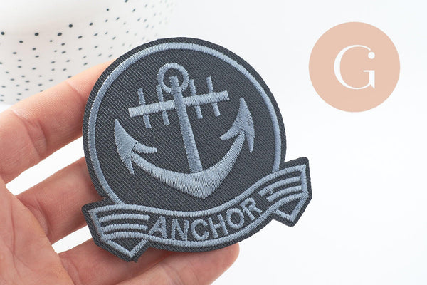 Ecusson brodé à repasser ancre marine 79mm customisation vêtement, écusson thermocollant,patch écusson brodé, x1 G9768
