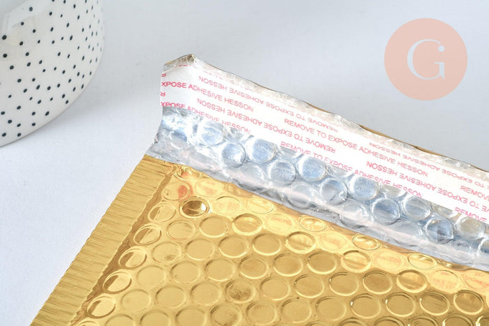 Enveloppes à bulles en plastique métallisé doré 22.5x15cm, x10 (G6809)