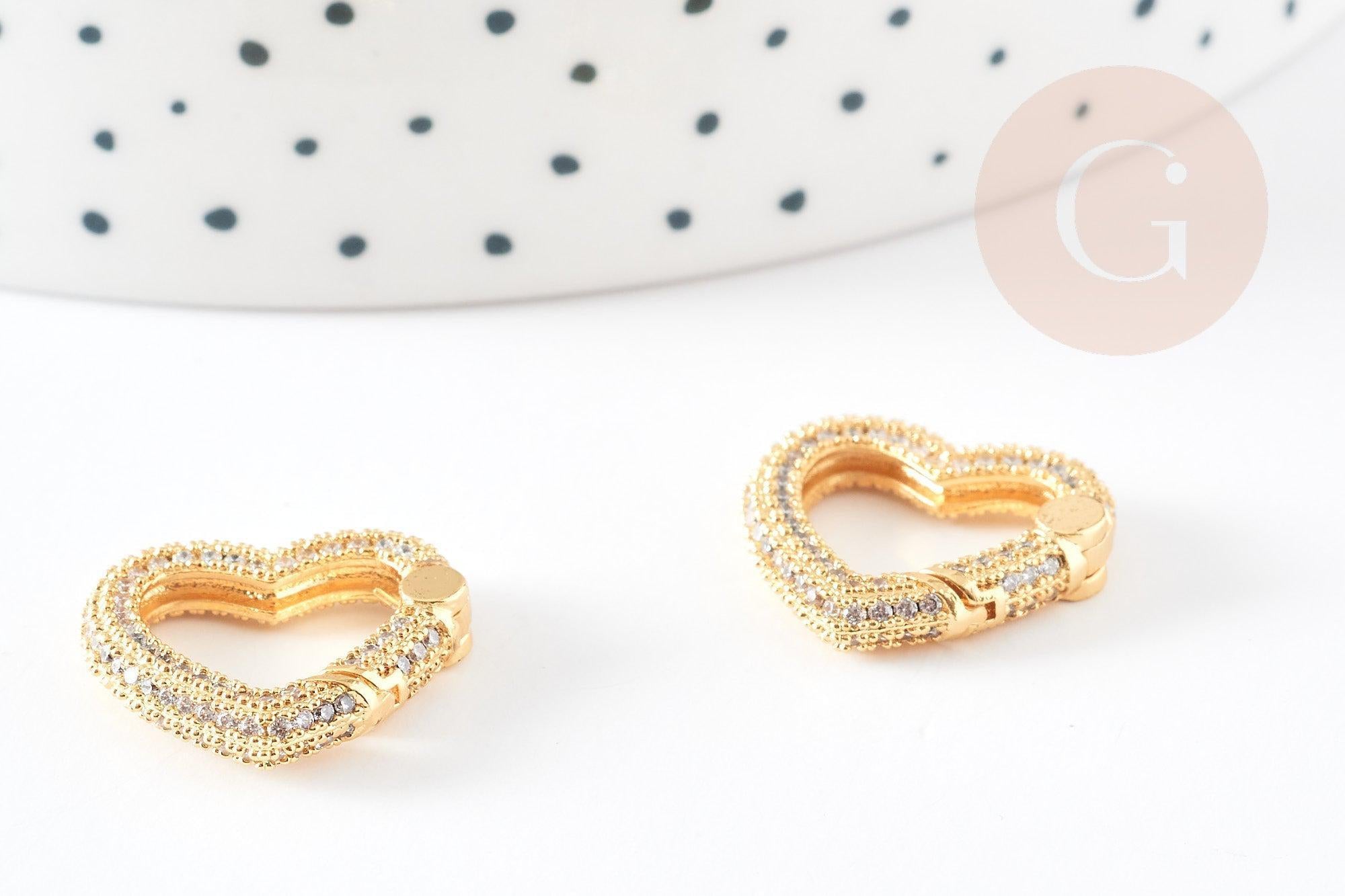 Fermoir à clapet coeur laiton doré et strass 18mm, x1 (G5243)