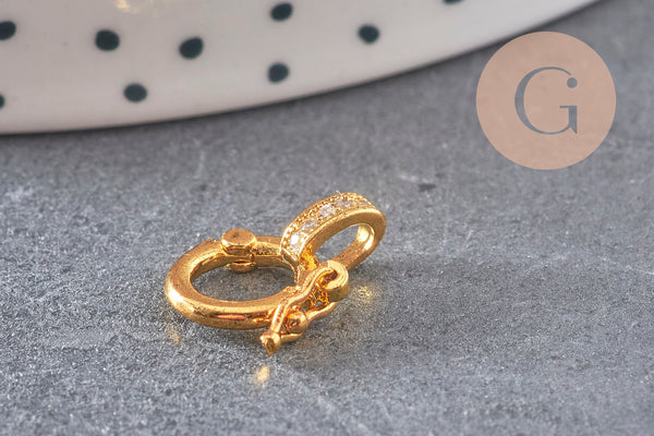 Fermoir à clipser anneau laiton doré 18k zircons 14mm, x1 (G5607)