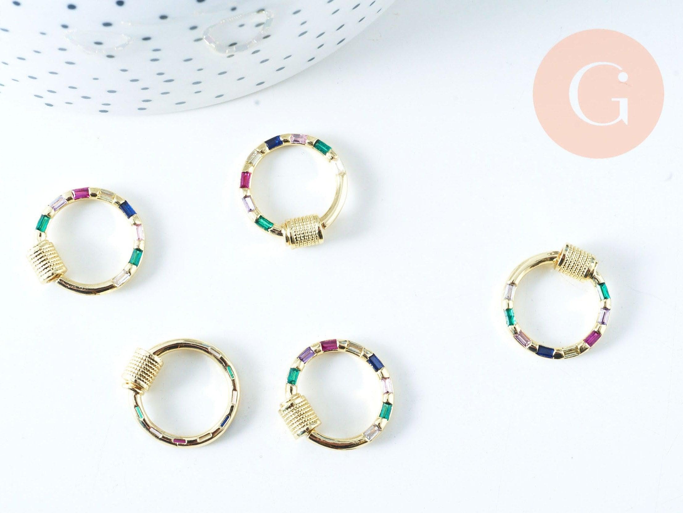 Fermoir rond à vis laiton doré 18k strass coloré 18mm, x1 (G5853)
