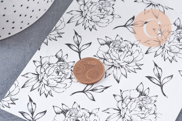 Feuille de transfert polymère – Pivoines Noir & blanc 14x10 cm, x1 (G10762)
