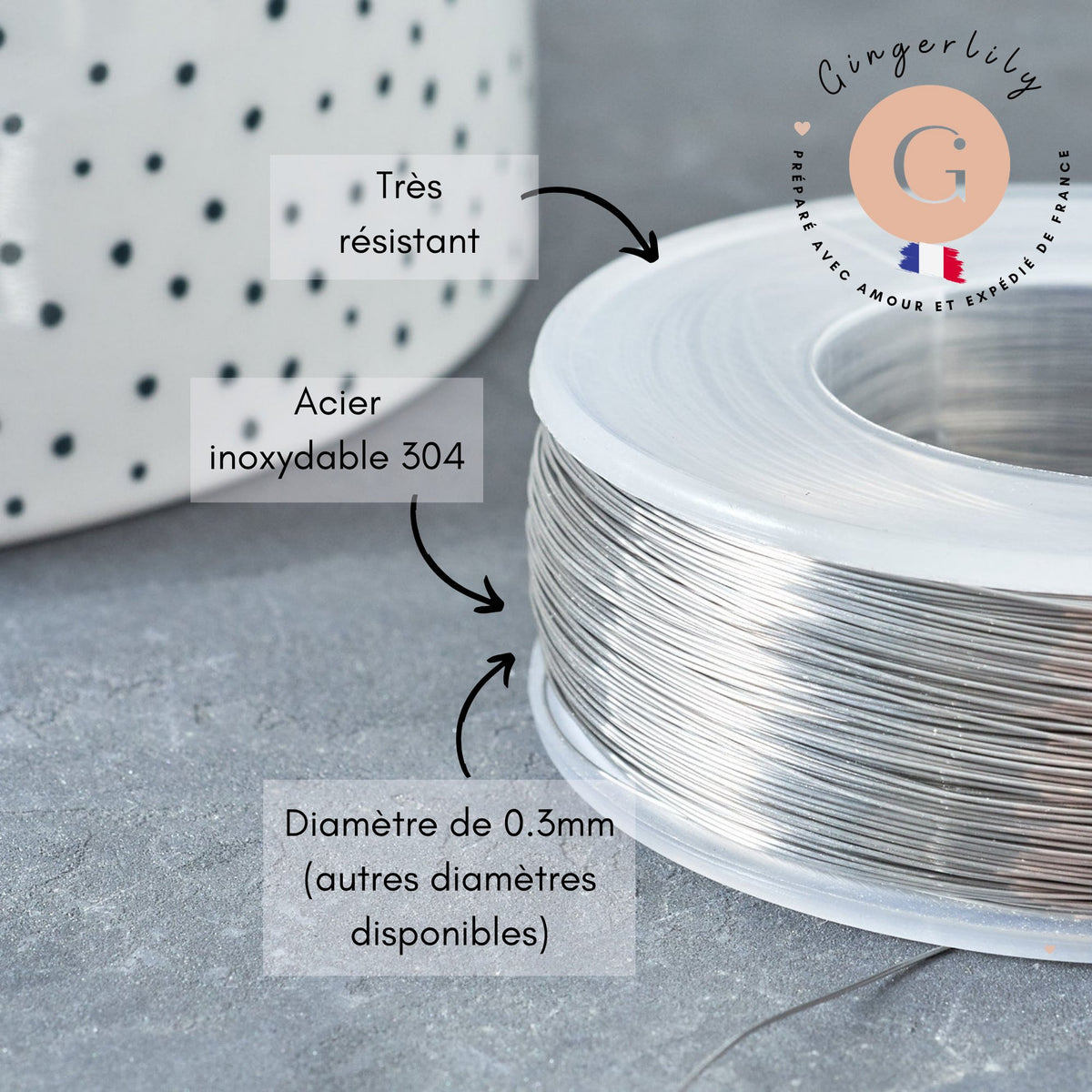 Fil d'acier inoxydable platine argenté 0.3mm, x1 Mètre (G8096)