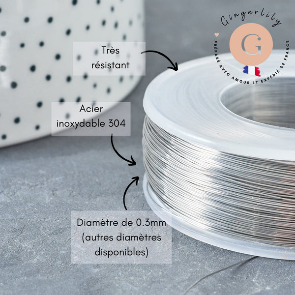 Fil d'acier inoxydable platine argenté 0.3mm, x1 Mètre (G8096)