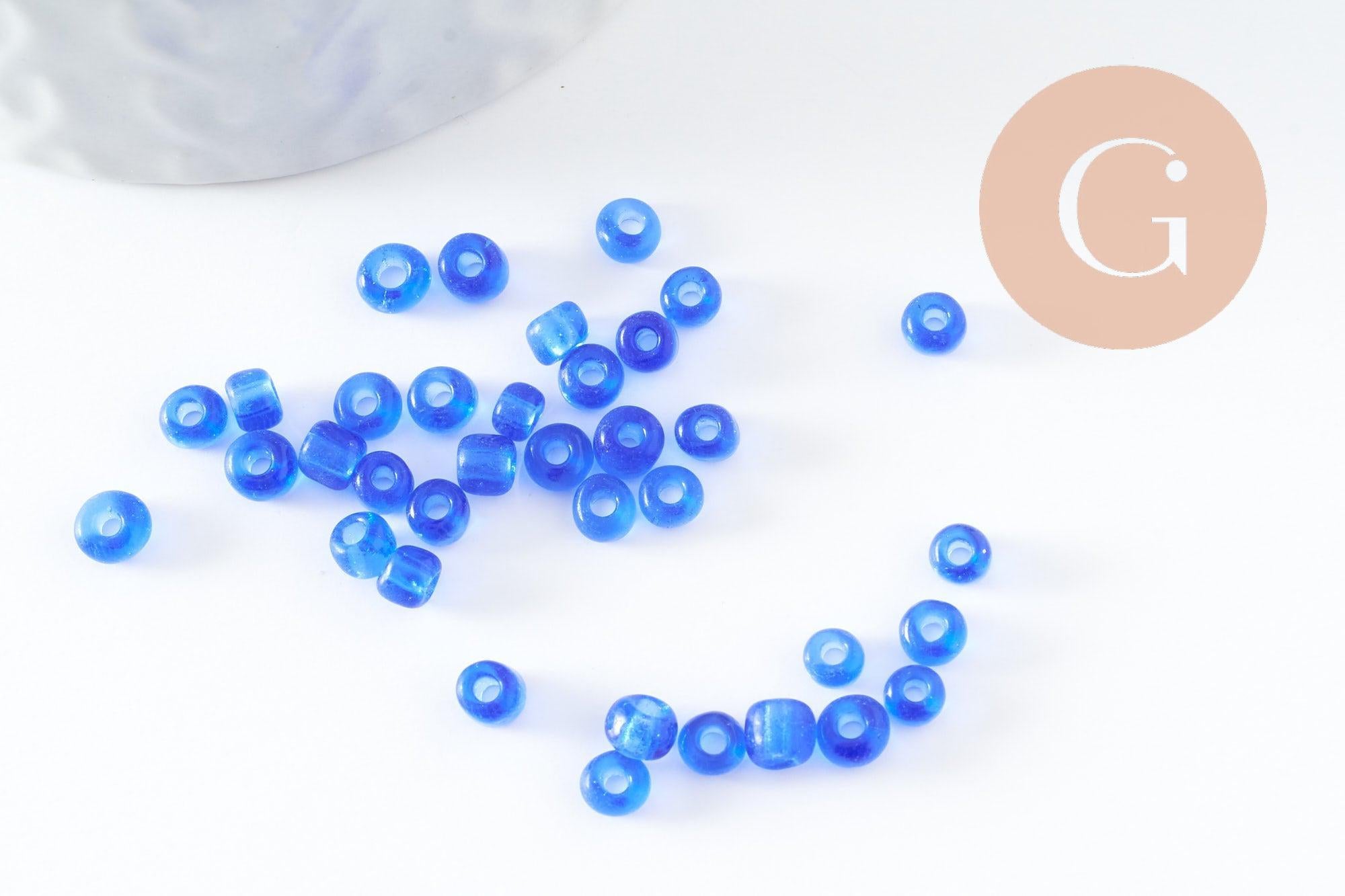 Grosses perles rocaille bleu transparent 4mm, x10g (G3814)