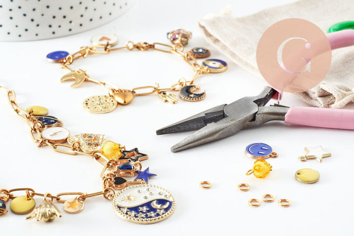 Kit Bracelet + Collier DIY – Thème Mystique / Océan / Fruits – Breloques + Chaîne Dorée – Idéal débutante & cadeau, x1 (G9554)
