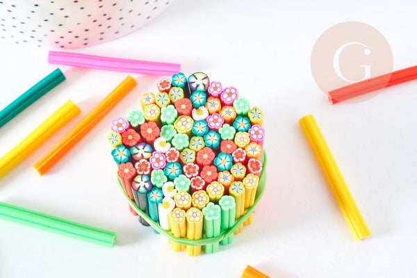 Lot 10 canes polymères fleurs mélangées 50mm, création pate polymère, x 10 G8483