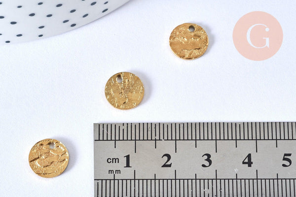 Médaille ronde dorée acier inoxydable texturé, une jolie médaille dorée pour créer vos bijoux, 10.5mm, x10 G6771