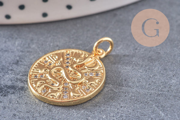 Médaille serpent laiton doré 18k cristal,sans nickel,pendentif animal, Pendentif zircon,18.5mm, x1 G5518