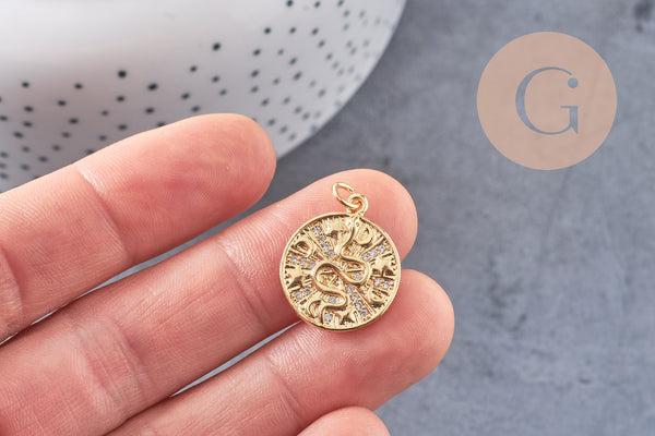 Médaille serpent laiton doré 18k cristal,sans nickel,pendentif animal, Pendentif zircon,18.5mm, x1 G5518