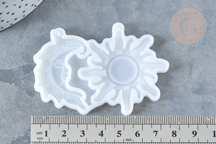 Moule en silicone Lune et Soleil 53x75mm, création de bijoux résine et jesmonite, x1 (G7785)