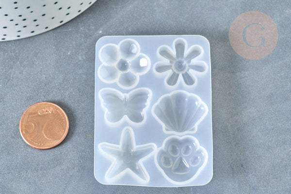 Moule pour fabrication bijoux formes fleurs coquillages résine 67x50x6mm, x1 G7996