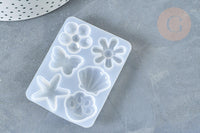 Moule pour fabrication bijoux formes fleurs coquillages résine 67x50x6mm, x1 (G7996)