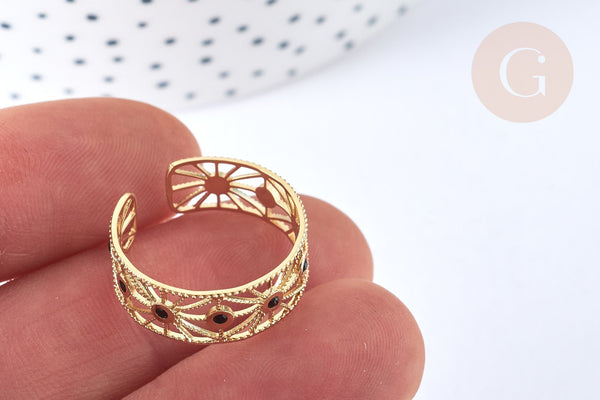 NPR-Bague réglable étoile émail noir acier doré Taille 54, x1 (G7012)