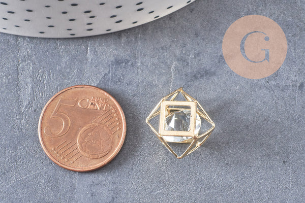 Pendentif 3D connecteur hexagone doré cristal transparent facettes,pendentif cage cristal doré,création bijoux,17mm, x2 G3706